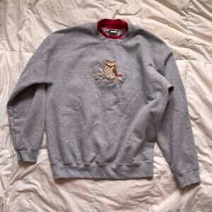 PFI Fashions vintage owl embroidery sweatshirt gray crewneck women's L woodland